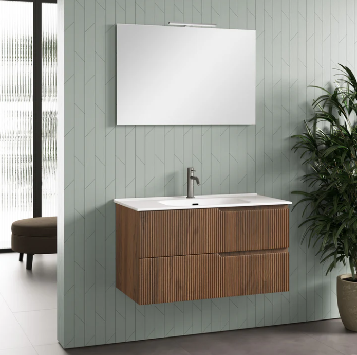 MOBILE BAGNO ROVERE RIO CM.90 CANNETTATO CON TOP CERAMICA COMPLETO DI SPECCHIO E LAMPADA A LED PRODOTTO ITALIANO