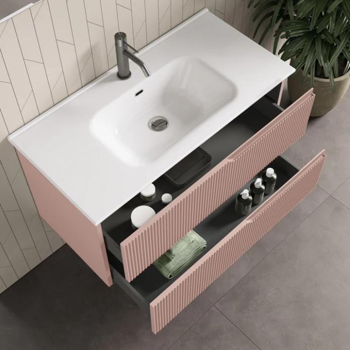 MOBILE BAGNO ROSA CIPRIA OPACO CM.80 CANNETTATO CON TOP CERAMICA COMPLETO DI SPECCHIO E LAMPADA A LED PRODOTTO ITALIANO