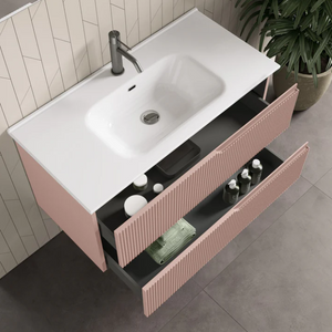 MOBILE BAGNO ROSA CIPRIA OPACO CM.60 CANNETTATO CON TOP CERAMICA COMPLETO DI SPECCHIO E LAMPADA A LED PRODOTTO ITALIANO