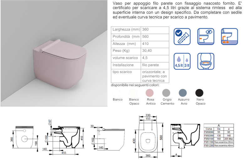 WC FILOMURO A TERRA SERIE ALBA COLORE ROSA ANTICO DI CERAMICA DOLOMITE PROF.56 DISPONIBILE IN 15 GG LAVORATIVI