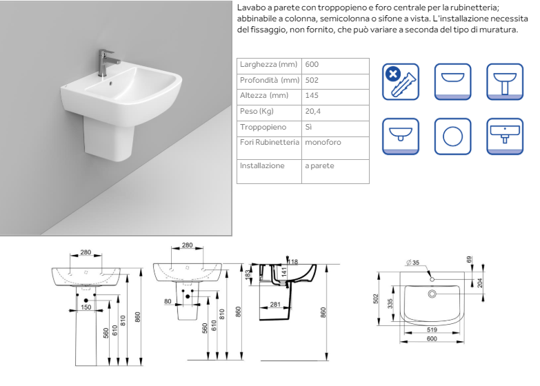 LAVABO A MURO SOSPESO GEMMA 2 DI CERAMICA DOLOMITE 60x50.2