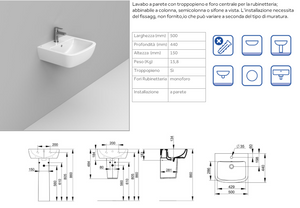 LAVABO A MURO SOSPESO GEMMA 2 DI CERAMICA DOLOMITE 50x44