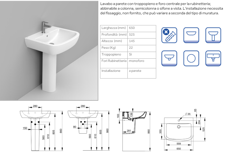 LAVABO A MURO SOSPESO GEMMA 2 DI CERAMICA DOLOMITE 65x52.5