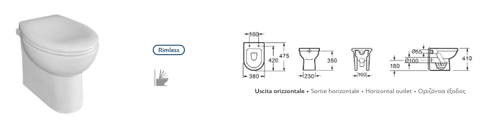 SET Sanitari Serie PAROS Prof.48 Filomuro Rimless Bianco Lucido completo di sedile a chiusura rallentata