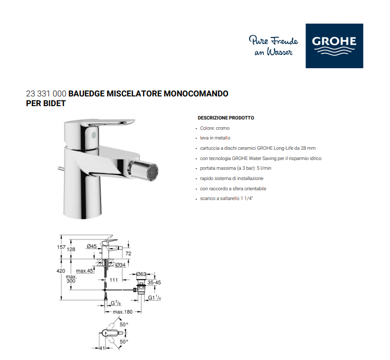 MISCELATORE BIDET MONOCOMANDO SERIE BAUEDGE DI "GROHE" ARTICOLO 23331000