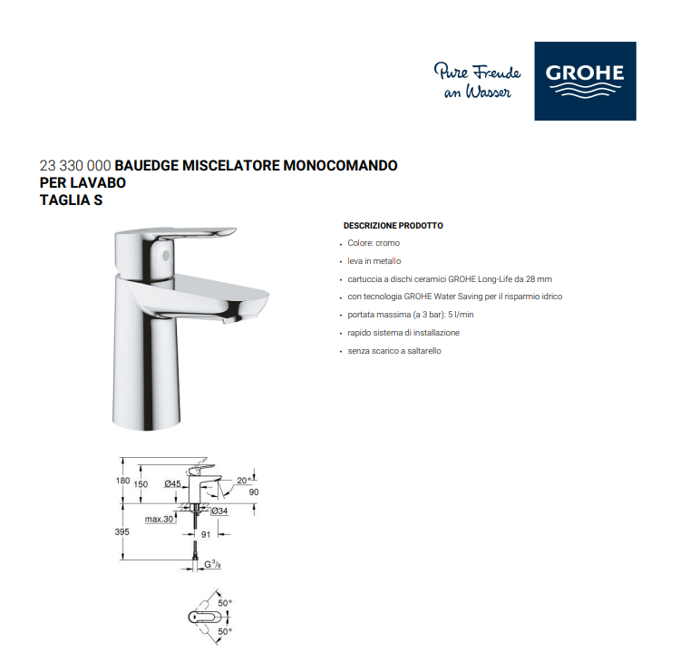 MISCELATORE LAVABO MONOCOMANDO SERIE BAUEDGE DI "GROHE" ARTICOLO 23328000