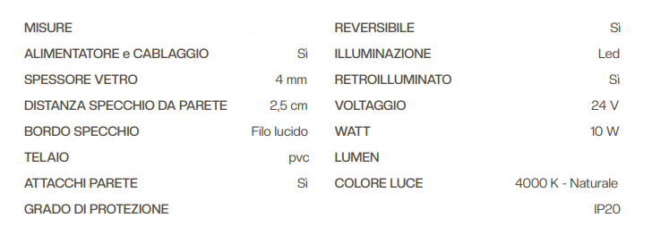 SPECCHIO IRIS REVERSIBILE RETROILLUMINATO A LED 90x70 LUCE NATURALE 4000K