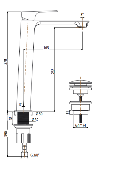 MISCELATORE MONOFORO LAVABO ALTO ART. MZ C110 SERIE MIZAR DI ARGO RUBINETTERIE CON PILETTA CLICK-CLACK 1”1/4