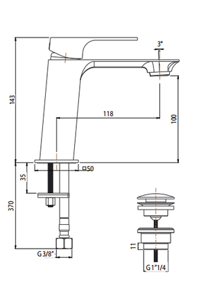 MISCELATORE MONOFORO LAVABO ART. MZ C100 SERIE MIZAR DI ARGO RUBINETTERIE CON PILETTA CLICK-CLACK 1”1/4
