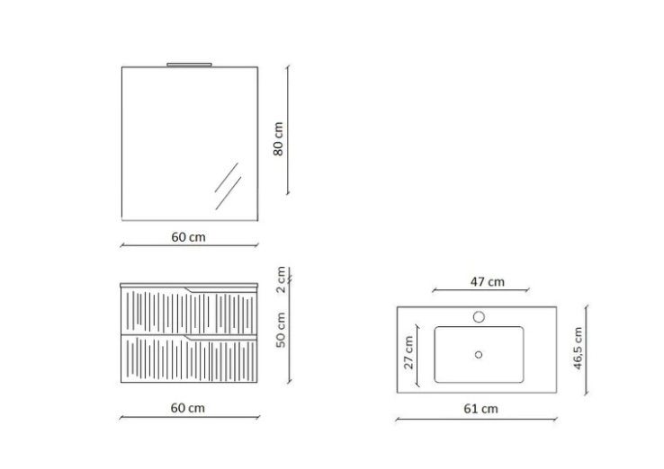 MOBILE BAGNO GRIGIO OPACO CM.60 CANNETTATO CON TOP CERAMICA COMPLETO DI SPECCHIO E LAMPADA A LED PRODOTTO ITALIANO