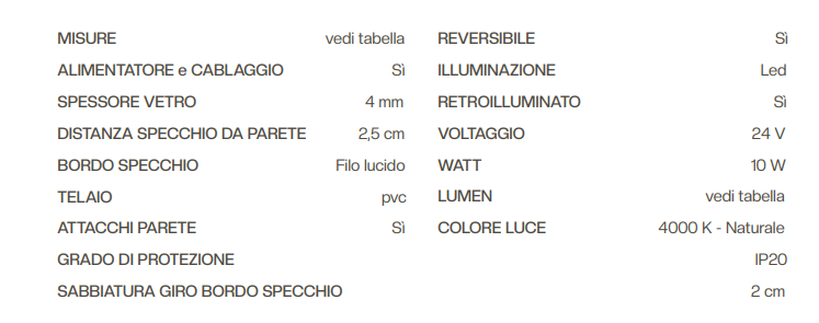 SPECCHIO ELAX REVERSIBILE RETROILLUMINATO A LED 120x60 LUCE NATURALE 4000K