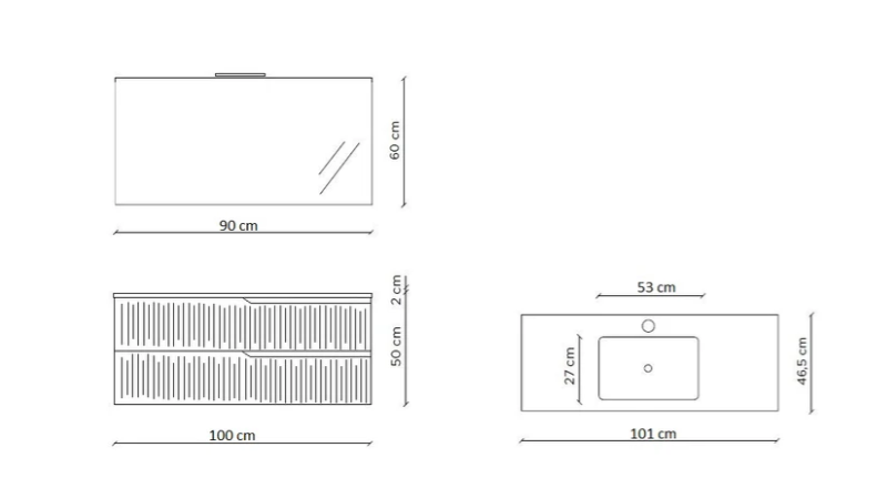 MOBILE BAGNO GRIGIO OPACO CM.90 CANNETTATO CON TOP CERAMICA COMPLETO DI SPECCHIO E LAMPADA A LED PRODOTTO ITALIANO