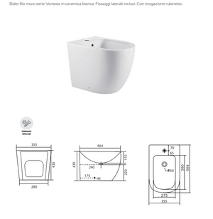COPPIA DI SANITARI FILOMURO SERIE VORTEXIA RIMLESS CON SCARICO A TORNADO IN CERAMICA BIANCA LUCIDA PROF.56.4 CM COPRIWATER SOFT CLOSE INCLUSO