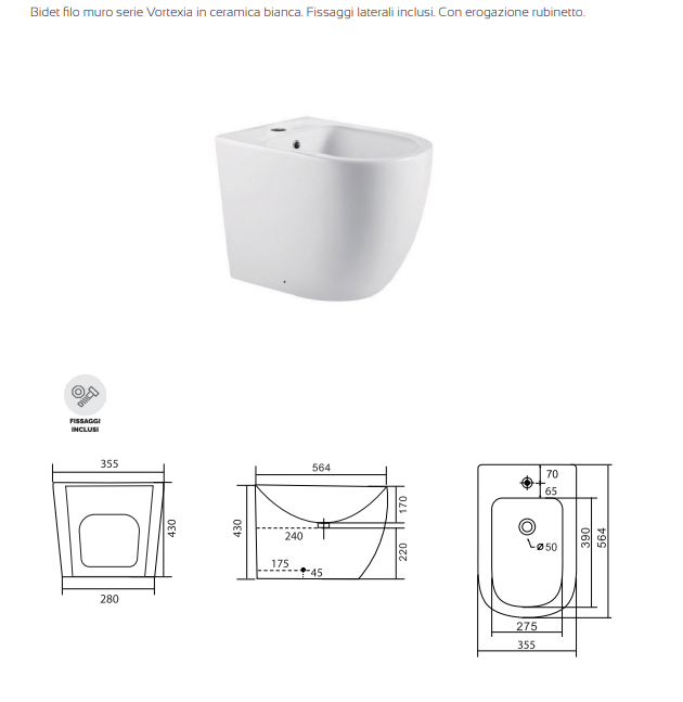COPPIA DI SANITARI FILOMURO SERIE VORTEXIA RIMLESS CON SCARICO A TORNADO IN CERAMICA BIANCA LUCIDA PROF.56.4 CM COPRIWATER SOFT CLOSE INCLUSO