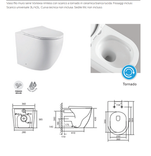 COPPIA DI SANITARI FILOMURO SERIE VORTEXIA RIMLESS CON SCARICO A TORNADO IN CERAMICA BIANCA LUCIDA PROF.56.4 CM COPRIWATER SOFT CLOSE INCLUSO