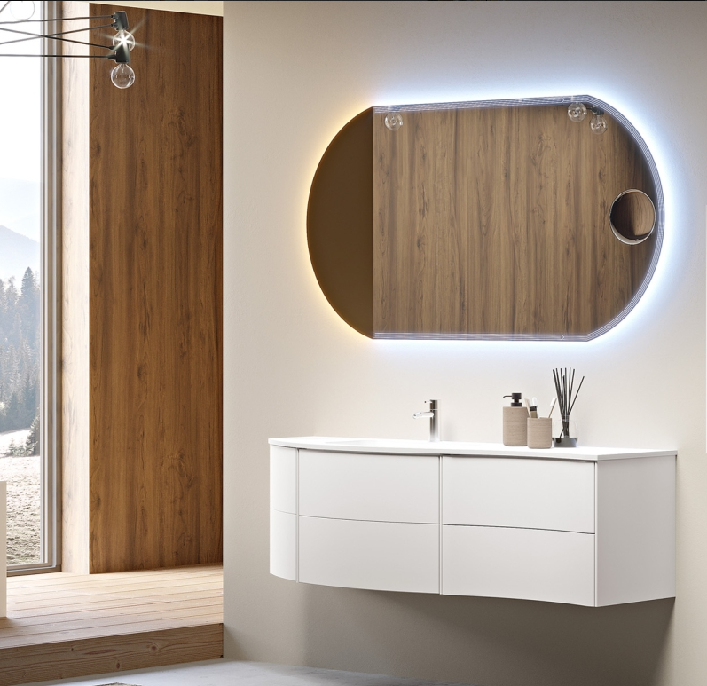 MOBILE DA BAGNO SERIE SOHO DI BADEN HAUS CM 152 DX O SX TOP IN RESINA E SPECCHIO RETROILLUMINATO A LED  E INGRANDITORE