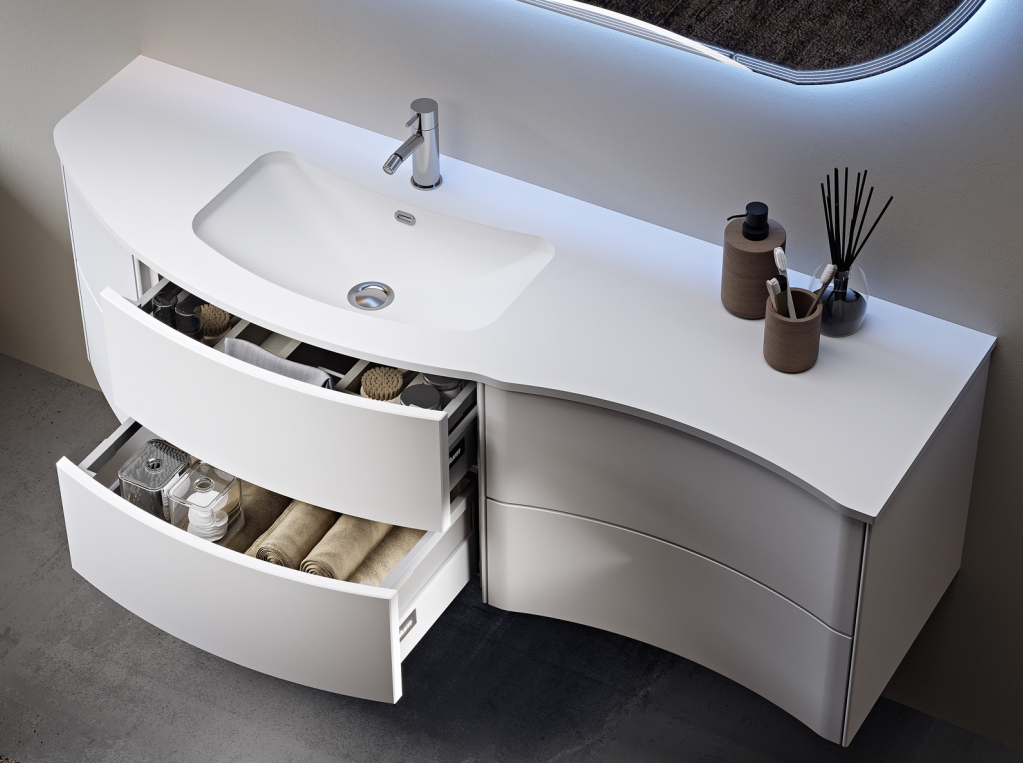 MOBILE DA BAGNO SERIE SOHO DI BADEN HAUS CM 152 DX O SX TOP IN RESINA E SPECCHIO RETROILLUMINATO A LED  E INGRANDITORE