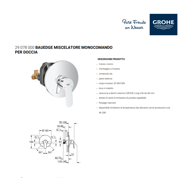 MISCELATORE MONOCOMANDO PER DOCCIA BAUEDGE DI"GROHE" ARTICOLO 29078000