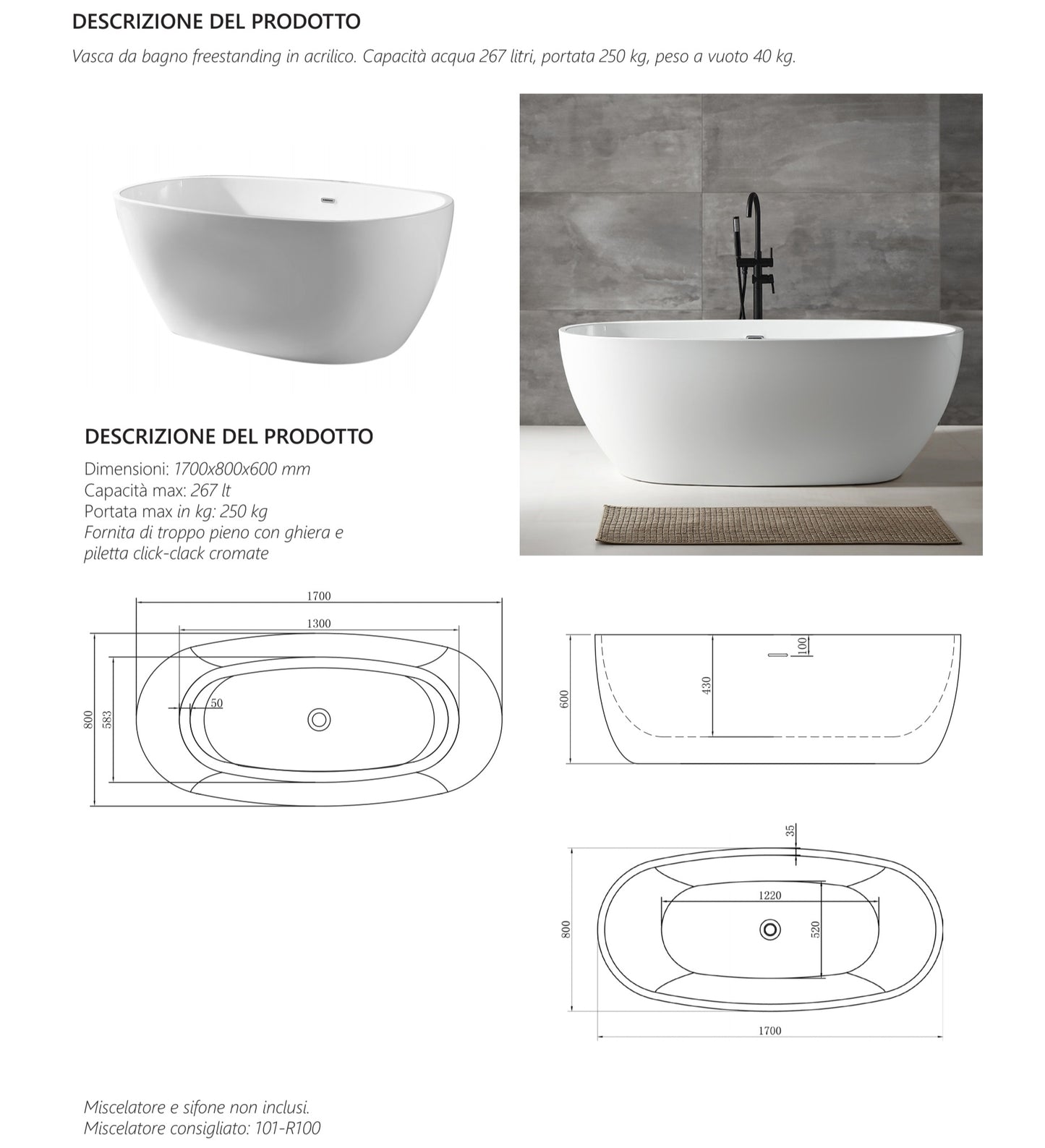 VASCA FREESTANDING BEATRICE IN ACRILICO 170x80x60