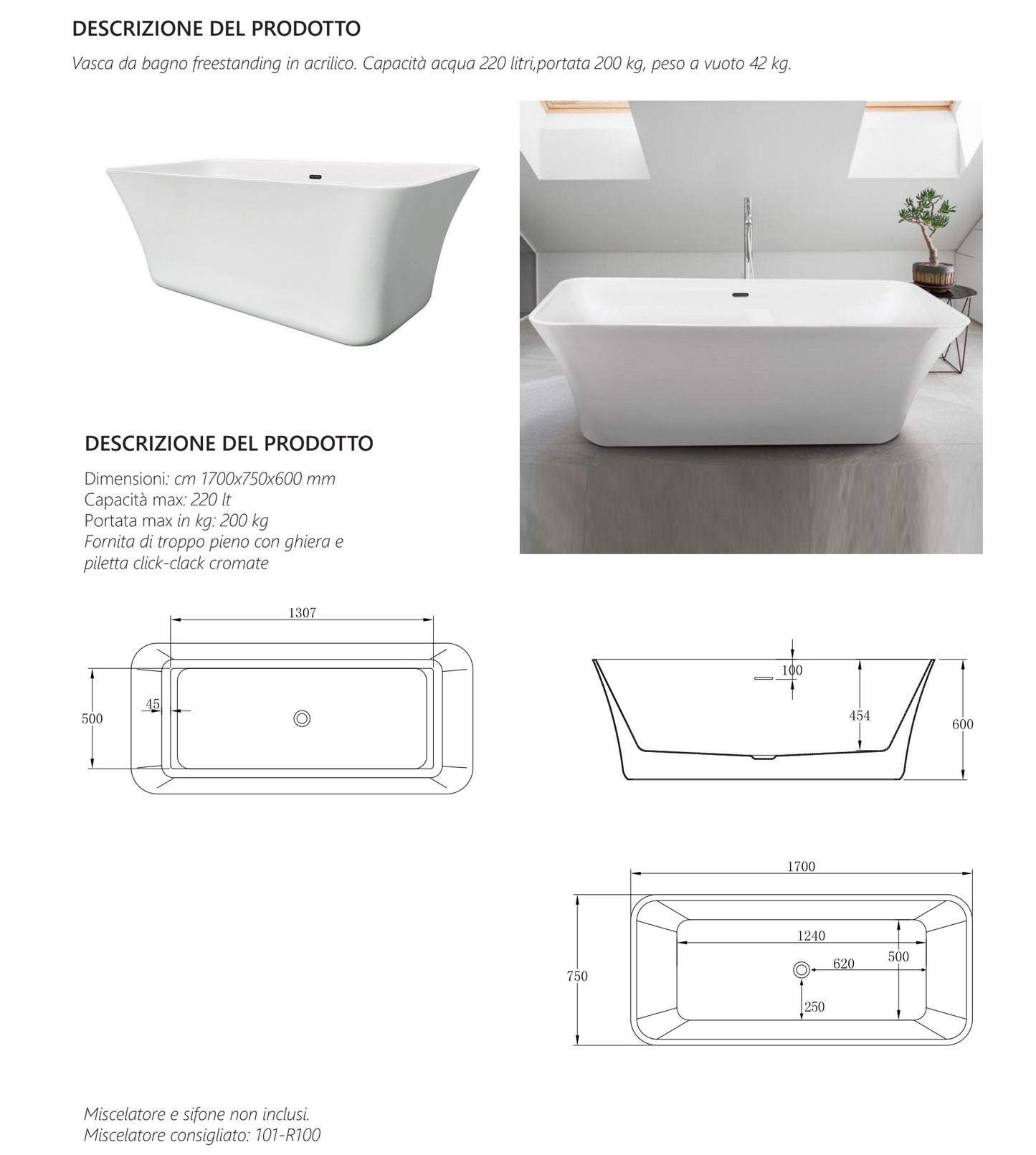 VASCA FREESTANDING LAURA IN ACRILICO 170x75x60