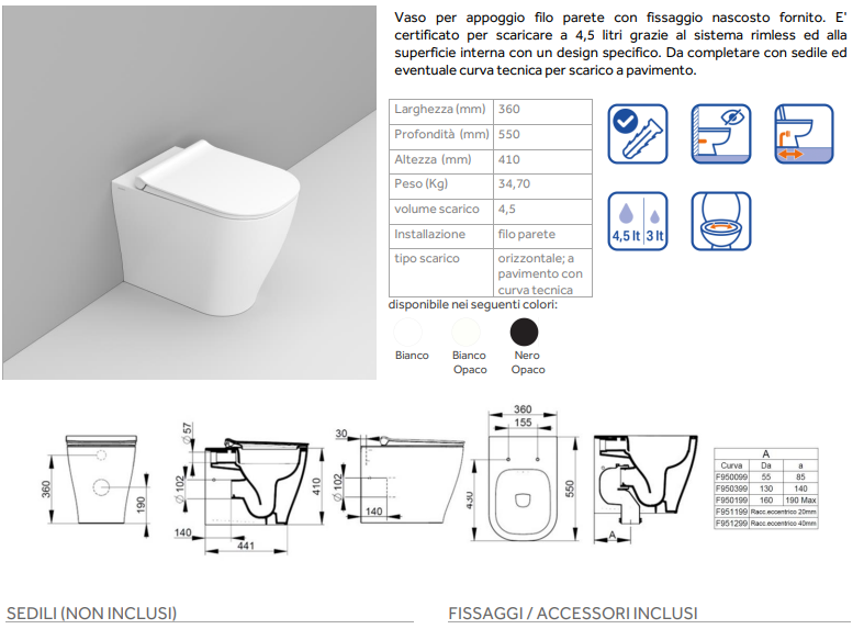 COPPIA DI SANITARI FILOMURO RIMLESS CON PROFONDITA' 55CM SERIE MIRTO NERO OPACO DI CERAMICA DOLOMITE COMPLETO DI COPRIWATER SOFTCLOSE