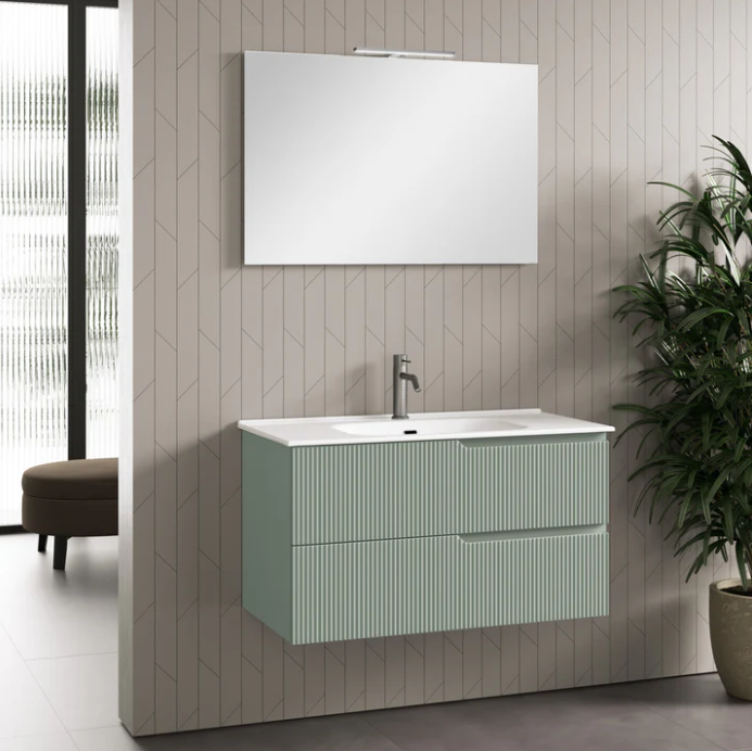 MOBILE BAGNO VERDE SALVIA CM.90 CANNETTATO CON TOP CERAMICA COMPLETO DI SPECCHIO E LAMPADA A LED PRODOTTO ITALIANO