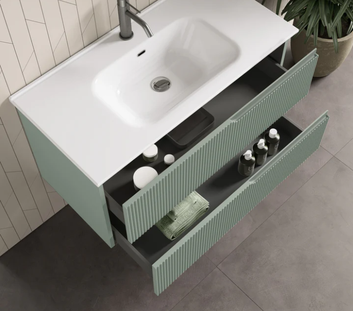 MOBILE BAGNO VERDE SALVIA OPACO CM.60 CANNETTATO CON TOP CERAMICA COMPLETO DI SPECCHIO E LAMPADA A LED PRODOTTO ITALIANO