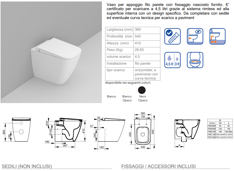 COPPIA DI SANITARI FILOMURO RIMLESS SERIE MIA+ DI CERAMICA DOLOMITE PROF.54 COMPLETA DI COPRIWATER SOFTCLOSE