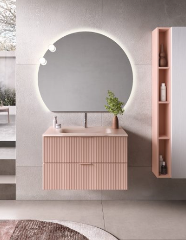 MOBILE DA BAGNO SOSPESO "LINE" CM.80 CANNETTATO ROSA OPACO TOP CRISTALLO SATINATO ROSA E SPECCHIERA RETROILLUMINATA A LED E LAMPADE CIRCLE A LED FRONTALI