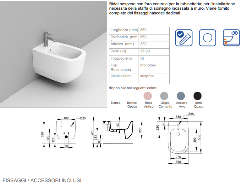 COPPIA DI SANITARI SOSPESI RIMLESS SERIE ALBA DI CERAMICA DOLOMITE PROF.56 COMPLETO DI COPRIWATER SOFTCLOSE