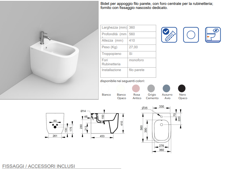 COPPIA DI SANITARI FILOMURO RIMLESS ROSA ANTICO SERIE ALBA DI CERAMICA DOLOMITE PROF.56 COMPLETO DI COPRIWATER SOFTCLOSE DISPONIBILE IN 15 GG