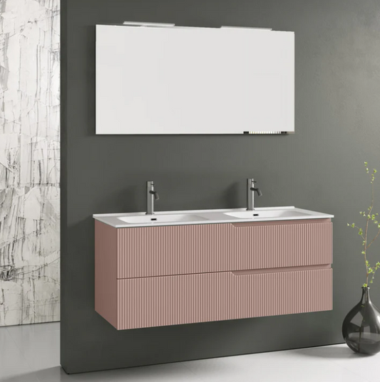 MOBILE BAGNO ROSA CIPRIA OPACO CM.120 CANNETTATO CON TOP CERAMICA DOPPIO LAVABO COMPLETO DI SPECCHIO E LAMPADA A LED PRODOTTO ITALIANO