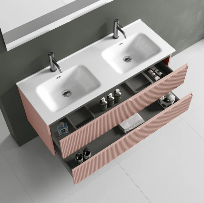 MOBILE BAGNO ROSA CIPRIA OPACO CM.120 CANNETTATO CON TOP CERAMICA DOPPIO LAVABO COMPLETO DI SPECCHIO E LAMPADA A LED PRODOTTO ITALIANO