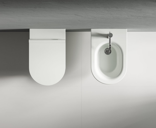 COPPIA DI SANITARI SOSPESI RIMLESS SERIE MAYKA DI CERAMICA DOLOMITE PROF.55 COMPLETO DI COPRIWATER SOFTCLOSE