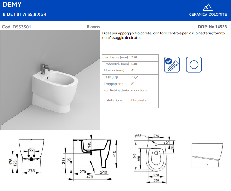 BIDET FILOMURO SERIE DEMY DI CERAMICA DOLOMITE PROF.54