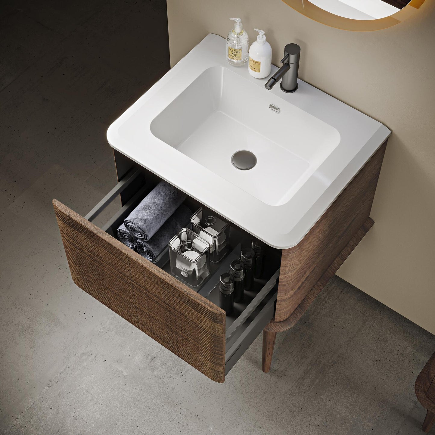 MOBILE DA BAGNO SERIE IDRA DI BADEN HAUS CM.64  1 CASSETTONE COLORE NOCE CON TOP IN RESINA ESCLUSA SPECCHIERA MADE IN ITALY