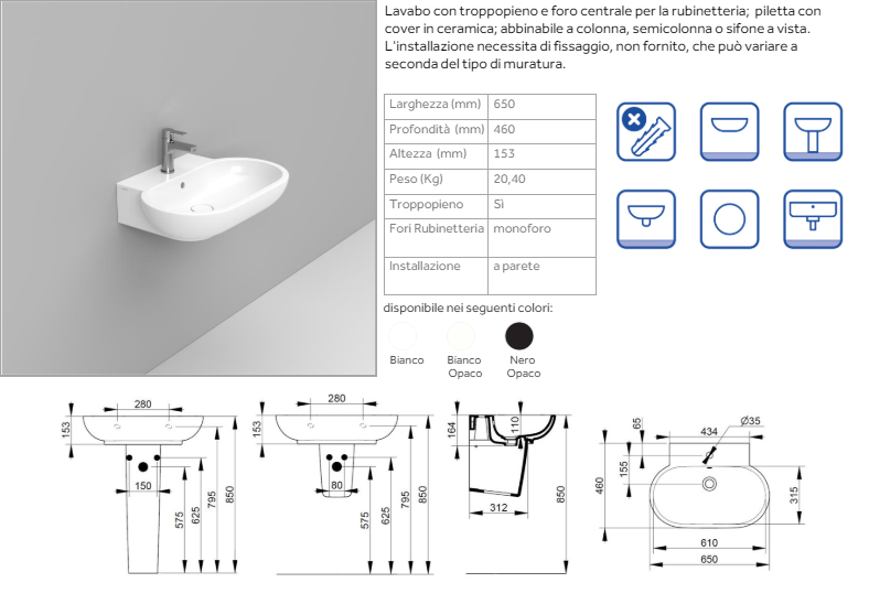 LAVABO A MURO SOSPESO MIRTO DOLOMITE 65x46