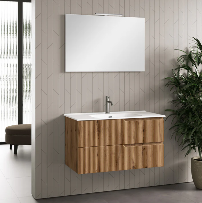 MOBILE BAGNO QUERCIA CM.90 CANNETTATO CON TOP CERAMICA COMPLETO DI SPECCHIO E LAMPADA A LED PRODOTTO ITALIANO