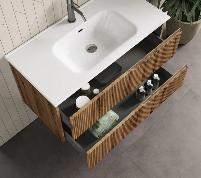 MOBILE BAGNO QUERCIA CM.90 CANNETTATO CON TOP CERAMICA COMPLETO DI SPECCHIO E LAMPADA A LED PRODOTTO ITALIANO