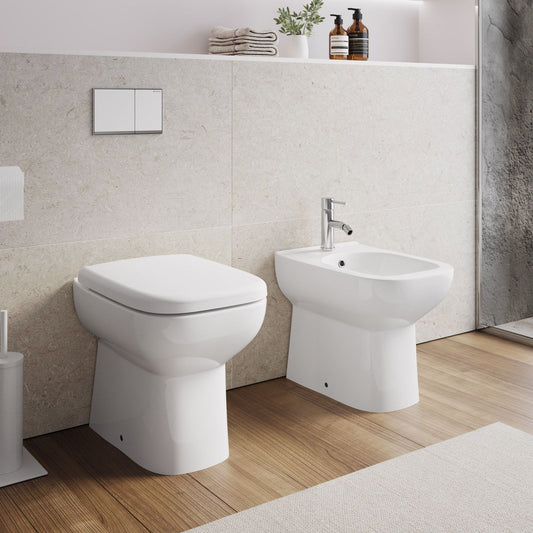 COPPIA DI SANITARI FILOMURO RIMLESS SERIE GEMMA 2 DI CERAMICA DOLOMITE WC+BIDET+CW TERMOINDURENTE SOFTCLOSE