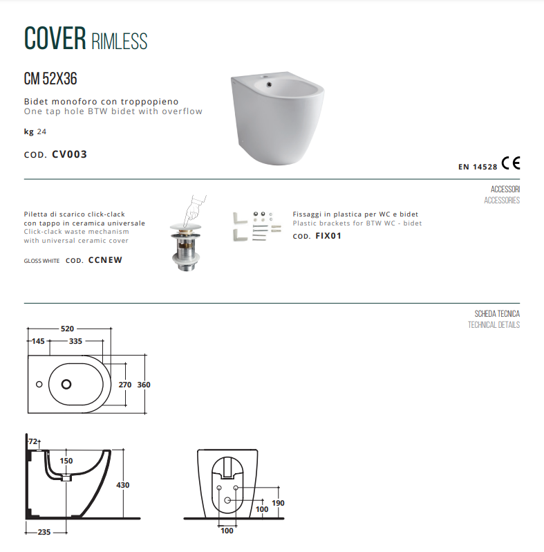 COPPIA SANITARI FILOMURO RIMLESS TRASLATI SERIE COVER DI CERAMICA ALTHEA FILOMURO PROF.56 COMPLETO DI COPRIWATER TERMOINDURENTE SOFTCLOSE