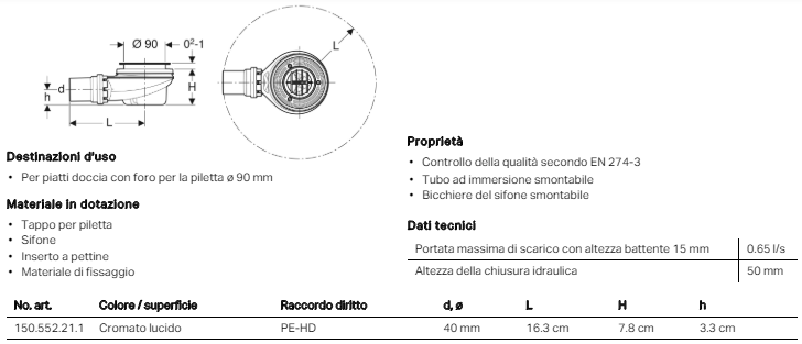 PILETTA PER PIATTO DOCCIA IN CERAMICA D.90 GEBERIT ART.150.552.21.1