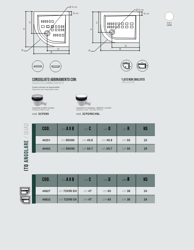 PIATTO DOCCIA SEMICIRCOLARE RAGGIO 38 VERSIONE DX 72x90 IN CERAMICA H.5.5 SERIE ITO DI CERAMICA ALTHEA