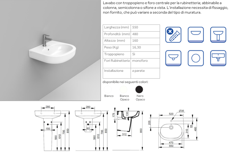 LAVABO A MURO SOSPESO MIRTO DOLOMITE 55x48