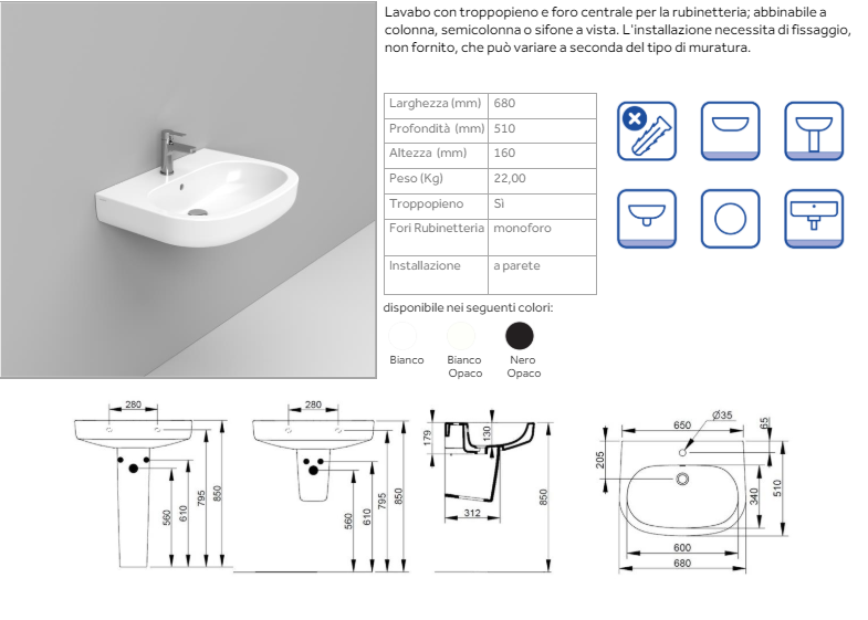 LAVABO A MURO SOSPESO MIRTO DOLOMITE 68x51