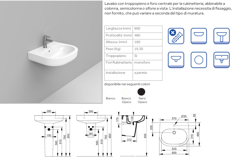 LAVABO A MURO SOSPESO MIRTO DOLOMITE 60x48