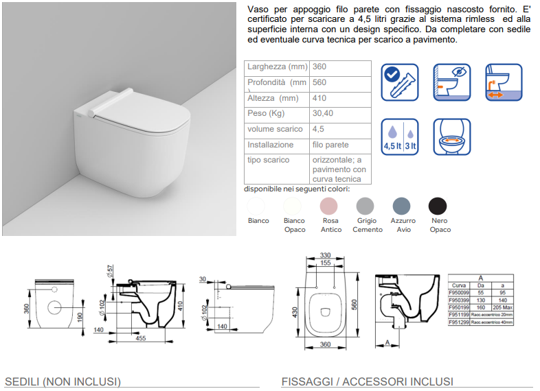 COPPIA DI SANITARI FILOMURO RIMLESS AZZURRO AVIO SERIE ALBA DI CERAMICA DOLOMITE PROF.56 COMPLETO DI COPRIWATER SOFTCLOSE DISPONIBILE IN 15 GG