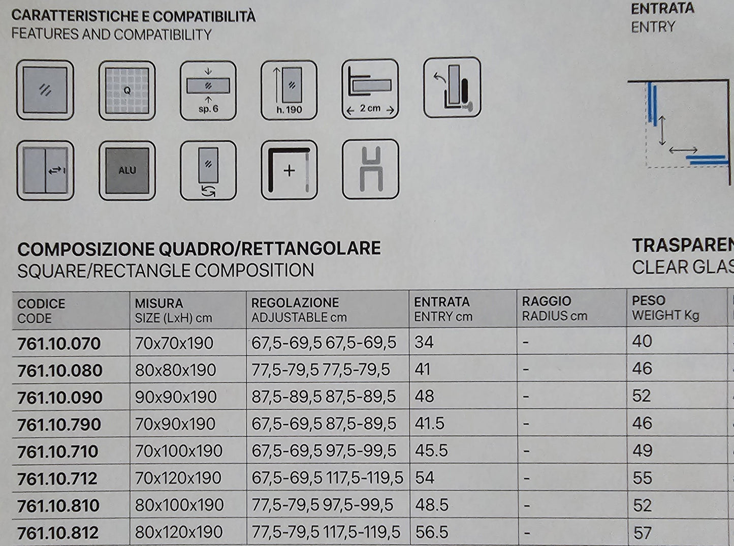 Box Doccia Quadro Trasparente 6 MM 70x70 H. 190