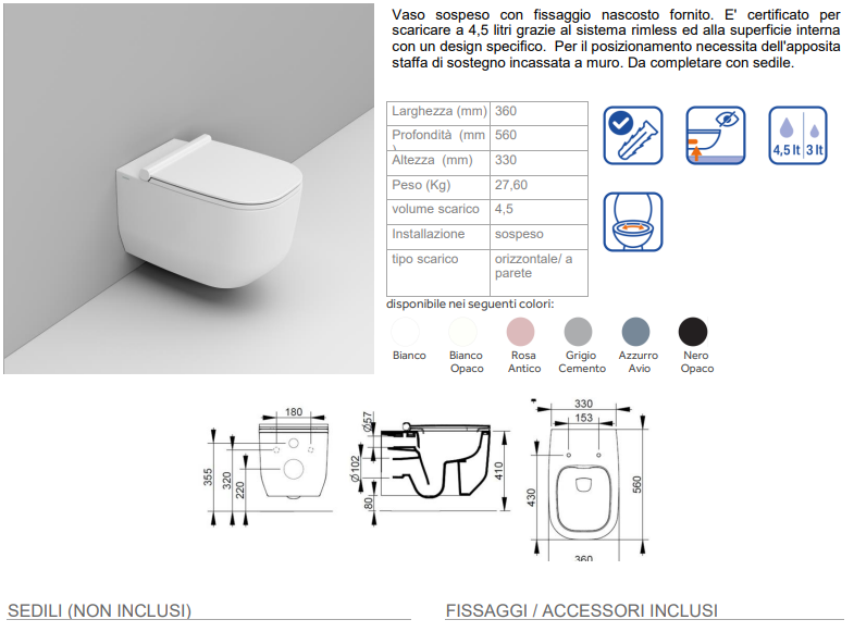 COPPIA DI SANITARI SOSPESI RIMLESS SERIE ALBA DI CERAMICA DOLOMITE PROF.56 COMPLETO DI COPRIWATER SOFTCLOSE