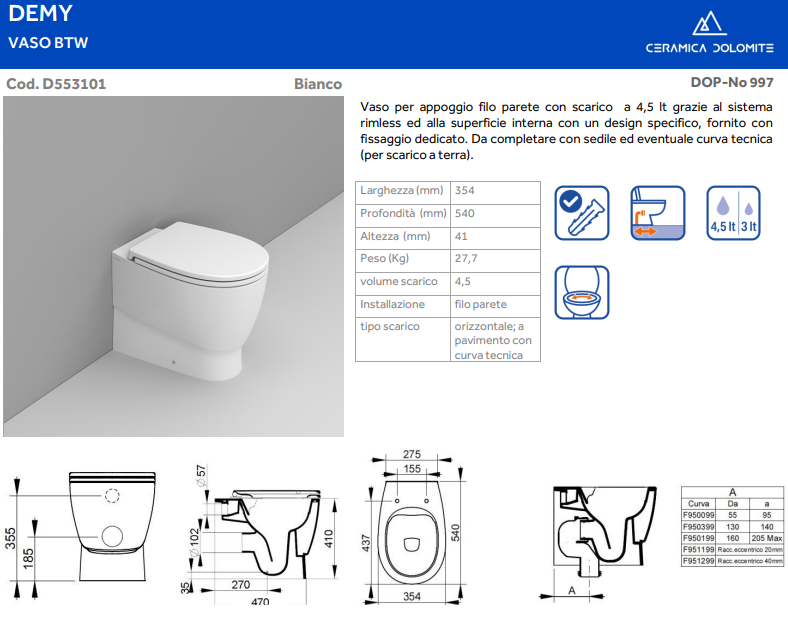 WC SERIE DEMY FILOMURO RIMLESS DI CERAMICA DOLOMITE PROF.54